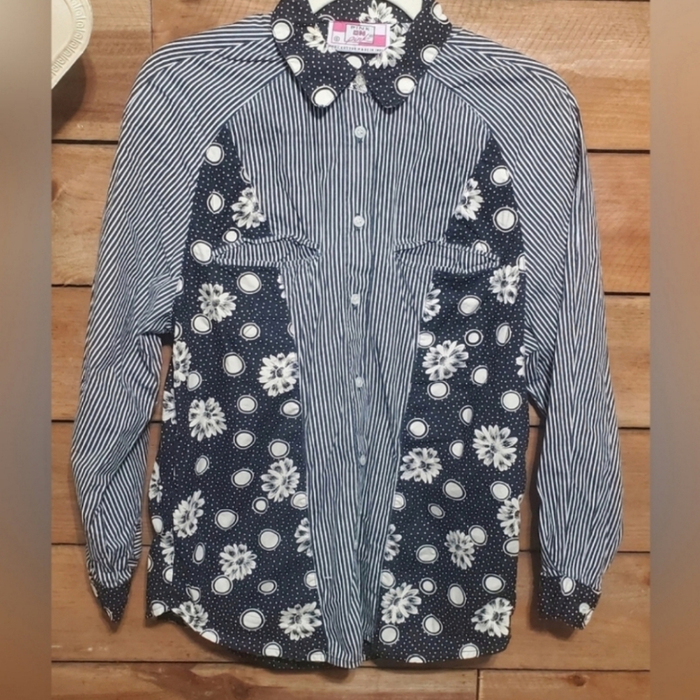 100% Cotton Blue/White Floral & Striped Button-up Blouse Womens Size Small